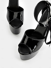 cheap Dress Sandals-Black Patent Leather Platform Sandals with Lace-Up Ankle Straps – Sexy Women&#039;s High Heel Shoes for Club and Dance