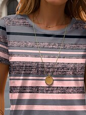 cheap Stripe&amp;Geometric tee-Women's T Shirt Print Striped Casual Short Sleeve Round Neck Regular Tops Daily Pink Summer