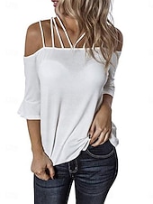 Χαμηλού Κόστους Απλές μπλούζες-Γυναικεία Μπλουζάκι Σκέτο Μοντέρνα Καθημερινό Μακρυμάνικο Ώμοι Έξω Κανονικά μπλουζάκια Καθημερινά Σαββατοκύριακο Λευκό Ανθισμένο Ροζ Γκρίζο Καλοκαίρι Άνοιξη Φθινόπωρο