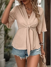 cheap Work Tops-Women&#039;s Shirt Blouse Solid Color Stylish Casual Half Sleeve V Neck Regular Tops Daily Tie Front Khaki Summer Spring