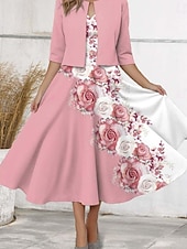 billiga Set med klänningar-Kvinnors Midi Klänning Casual Klänning Chiffon Klänning Swing Klänning Elegant Blommig Midi Klänning Halv Ärmar V-ringad Tryck Regular Fit Dejtdatum Rosa Vår