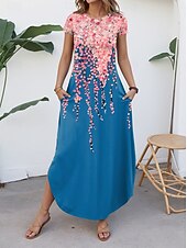 cheap Floral Dress-Women&#039;s Maxi Dress Casual Dress Vintage Vacation Regular Fit Floral Short Sleeve Crew Neck Blue Summer