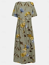 abordables robes imprimées en coton et lin-Femmes Robe maxi Robes en coton et lin Robe Décontractée Robe évasée Robe longue en coton Élégant Occasionnel Vacances Quotidien Coupe régulière Fleuri Manche Courte Col ras du cou Jaune clair Vert