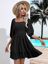 levne Květinové šaty-Valentýn Dámské Běžný Mini šaty Boho Chic šaty Áčkové šaty Čechy stylové Klasické Lucerna rukáv Dovolená Párty Denní Tvarovaný potah Bez vzoru Bez rukávů Hranatý Černá Bílá Světlá růžová Rubínov