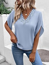 preiswerte Spitzenoberteile-Damen Hemd Bluse Feste Farbe Stilvoll Brautkleider schlicht Halbe Ärmel Eine Glocke V Ausschnitt Normale Oberteile Täglich Spitze Patchwork Rosa Leicht Blau Sommer Frühling Herbst