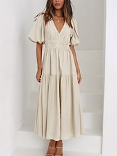 abordables Robe de cocktail-Femme Robe Maxi Robe casual Robe Trapèze mode basique Décontractées Vacances du quotidien Standard Plein Demi Manches Col V Vert Beige Eté Printemps