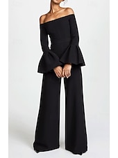 preiswerte SCHWARZ-Jumpsuits Abendkleid Elegantes Kleid Abendparty Party Wear Bodenlang Lange Ärmel Off-Schulter Gürtel  Sash Baumwollmischung Rückenauschnitt mit Rüschen