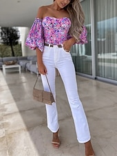 voordelige Bloemen Blouses-Dames Overhemd Blouse Afdrukken Blote rug Bloemig Stijlvol Casual Lange mouw Strapless Normale tops Dagelijks Zwart Wit Rood Paars Zomer Lente