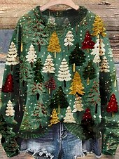 preiswerte Strickjacken und Oberbekleidung-Unisex Pullover Rundhals Langarm 3D Baummuster Urlaub festlich Winter Wärme lässig Komfort grün rot weiß gold Schneeflocken Design