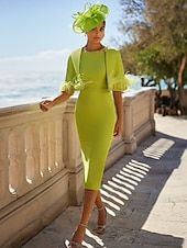 abordables Robes de cocktail-Robe cocktail fourreau  colonne robe élégante invitée de mariage formelle longueur cheville manches courtes cou bijou avec poche crêpe extensible avec cristaux de plumes