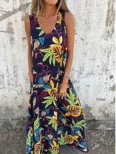 ieftine Rochii de Vacanță-Pentru femei Rochii Midi Rochie casual Rochie A line Stilat Casual Vacanță Zilnic Plajă Fit regulat Floral Frunză Fără manșon În V Albastru Închis Caisă Bej Vară