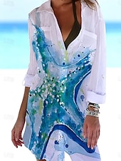 billiga Hawaiianska klänning-Kvinnors Mini Klänning Skjortklänning Täcka Upp Strandmode Mini Klänning Pockettryck Mode Avslappnat Fisk Vikbar 3/4 Längd Ärmar Lång Passform Utomhus Daglig Vit Blå 2023 Sommar Vår S M L XL