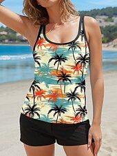 billiga Tankinis-Kvinnors baddräkter Tankini 2-delad Pojkbyxa baddräkt Utan ryggsemester Strandkläder Tropiska blad U-formad Utan ärm Baddräkter