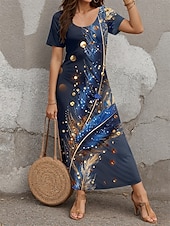 levne Šaty umění a designu-Dámské maxi šaty casual šaty sundress shift šaty stylové casual dovolená denní regular fit květinové krátký rukáv crew neck modrá jaro podzim