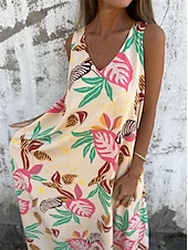 ieftine Rochii de Vacanță-Pentru femei Rochii Midi Rochie casual Rochie A line Stilat Casual Vacanță Zilnic Plajă Fit regulat Floral Frunză Fără manșon În V Albastru Închis Caisă Bej Vară