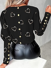 voordelige Vrouwen Werk Tops-Valentijnsdag Dames Overhemd Blouse Hart Stijlvol Casual Lange mouw Strakke ronde hals Normale tops Dagelijks Knop Afdrukken Zwart Wit Zomer Lente
