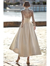 cheap Wedding Dresses-Wedding Dresses A-Line Illusion Neck Long Sleeve Asymmetrical Lace Bridal Gowns With Embroidery Solid Color