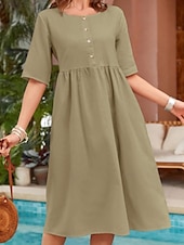 preiswerte Kleider-Damen Langes Kleid Maxikleid Baumwoll-Leinen-Kleider Freizeitkleid Basic Lässig Urlaub Täglich Normale Passform Einfach Kurzarm Rundhalsausschnitt Marineblau Grün Khaki Sommer