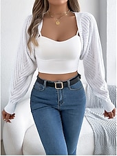 preiswerte Strickjacken und Oberbekleidung-Damen Strickjacke Pullover mit Zopfmuster Strassenmode Täglich Stilvoll Einfarbig Grobstricken Gehäkelt Öffnung vorne Ausgehöhlt Strick Raglanärmel Laternenärmel Langarm Crop Tops Stricken Heim Party