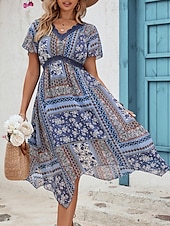 abordables Robes Bohémiennes-Femme Robe mi-longue Robe casual Robes bohème chic robe boheme Bohême Ethnique Décontractées Vacances du quotidien Ample Floral Manche Courte Col V Bleu Eté Printemps