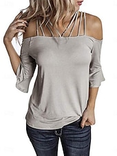 Χαμηλού Κόστους Απλές μπλούζες-Γυναικεία Μπλουζάκι Σκέτο Μοντέρνα Καθημερινό Μακρυμάνικο Ώμοι Έξω Κανονικά μπλουζάκια Καθημερινά Σαββατοκύριακο Λευκό Ανθισμένο Ροζ Γκρίζο Καλοκαίρι Άνοιξη Φθινόπωρο