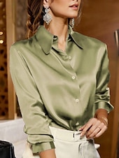 billige Dressy topper-Dame Skjorte Bluse Helfarge عادي Forretning Grunnleggende Moden Langermet Skjortekrage Vanlige topper Arbeid Avslappet Daglig Knapper Hvit Gul Lysegrønn Rød Fuksia Vår &amp; Vinter