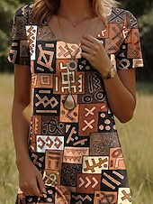 abordables Robes Boho-Femme Mini robe Mini-robe Robe t-shirt Robe d&#039;été Robe Trapèze Décontractées Vacances Casual du quotidien Standard Géométrique Manche Courte Col Ras du Cou Marron Eté Printemps Automne