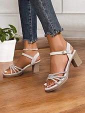 abordables Sandalias de tacón-Sandalias negras de tiras con tacón de bloque y pedrería: sandalias de mujer cómodas y elegantes con tiras brillantes, perfectas para uso informal o reuniones de verano.
