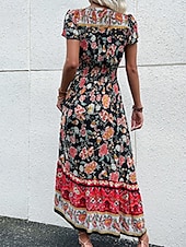 billiga Bohemklänningar-Dam Maxiklänning Vardagsklänning Swingklänning Boho Chic klänningar A linjeklänning bohemliv Stylish Ledigt Semester Dagligen Strand Lös passning Blommig Kortärmad V-hals Svart Rubinrött Sommar Vår