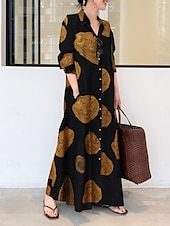 economico abiti stampati in cotone e lino-Per donna Abito maxi Abiti in cotone e lino Abito Camicia Vestito Casual Casual Vacanza Quotidiano Vestibilità regolare Grafico Manica Lunga Colletto a Camicia Bianco Giallo Rosso Estate