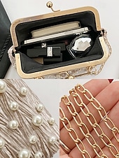 cheap Clutches &amp; Evening Bags-Vintage Pearl Beaded Clutch Bag – Elegant Women&#039;s Evening Handbag with Gold Frame and Chain Strap for Weddings, Parties and Formal Events Black White Khaki