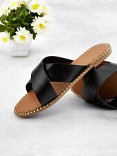 olcso Női szandálok-fekete keresztpántos lapos csúszó szandál nőknek - lezser nyári slip-on kényelmes talppal