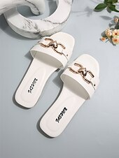 cheap Women&#039;s Sandals-Women&#039;s White Slide Sandals with Heart-Shaped Metal Buckle – Casual Summer Footwear for Beach, Vacation and Everyday Style