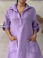 preiswerte bedruckte Kleider aus Baumwolle und Leinen-Damen Maxikleid Baumwoll-Leinen-Kleider Freizeitkleid Elegant Stilvoll Basic Urlaub Täglich Lässiger Schnitt Einfach Langarm Hemdkragen Schwarz Weiß Gelb Purpur Frühling Herbst