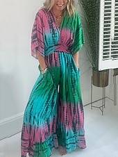 baratos macacão de férias-Mulheres Normal Macacão Ativo Tintura Tie Dye Meia Manga Decote V Cintura Alta Férias Diário Normal Verde Verão