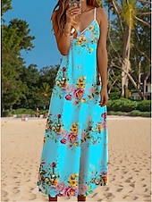 abordables Robes fleuries-Robe maxi femme Robe décontractée Robe d&#039;été Robe A Line Décontractée Fluide Vacances Quotidienne Ajustement régulier Imprimé floral Sans manches Col en V Noir Blanc Jaune Bleu Été Printemps Automne