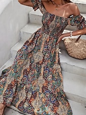 levne Boho šaty-Dámské Dlouhé šaty Maxi šaty Áčkové šaty Letní šaty Boho šaty Elegantní Čechy stylové Dovolená Denní Rande Běžný Grafika Krátký rukáv Pod rameny Oranžová Trávová zelená Tmavomodrá Léto