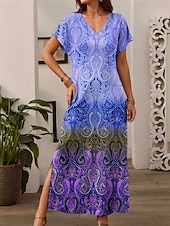 preiswerte Boho Kleider-Damen Maxi Kleid Freizeitkleid Strandkleid Shift Kleid Stilvoll Freizeit Drop Schulter Urlaub Alltag Reguläre Passform Farbverlauf Kurzarm V-Ausschnitt Pink Blau Lila Grün Frühling Herbst