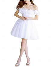 cheap Cocktail Dresses-A-Line Cocktail Dresses Elegant Dress Homecoming Cocktail Party Short / Mini Short Sleeve Off Shoulder Satin with Shouder Flower Derby Dresses 2025