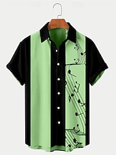 cheap Men&#039;s Bowling Shirt-Men&#039;s Musical Notes Summer Shirt Bowling Shirt Button Up Shirt Short Sleeve Fashion 1950s Casual Daily Summer Turndown Print Black Pink Blue Green