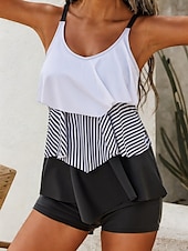 economico Tankini-costume da bagno da donna due pezzi tankini color block strisce bianco nero senza maniche scollo a barchetta asciugatura rapida elastico estivo spiaggia sportivo costume da bagno con pantaloncini