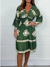 olcso Nyomtasd a virágmintás ruhákat-Női Midi ruha hétköznapi ruha Boho elegáns ruhák Boho ruha Csehország Alkalmi Boho Vakáció Napi Tengerpart Laza öltözet Grafika Hosszú ujj V-alakú Fekete Rubin Lóhere Sárgabarack Nyár Tavasz