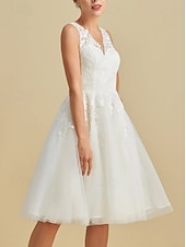 cheap Little White Dresses-Engagement Little Graduation White Dresses Wedding Dresses A-Line V Neck Sleeveless Knee Length Satin Bridal Gowns With Appliques 2025