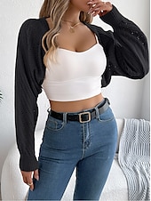 preiswerte Strickjacken und Oberbekleidung-Damen Strickjacke Pullover mit Zopfmuster Strassenmode Täglich Stilvoll Einfarbig Grobstricken Gehäkelt Öffnung vorne Ausgehöhlt Strick Raglanärmel Laternenärmel Langarm Crop Tops Stricken Heim Party