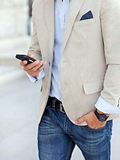 baratos Blazer de linho-Homens Blazer de linho Casaco esportivo Colar de entalhe Moda Casual Cor Sólida Bege Moderno Comum 1 Butão