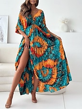 billige Uformelle blomsterkjoler-Dame Maxikjole Uformell kjole Swingkjole Boho elegante kjoler Bohem Fritid Feriereise Daglig Løstsittende Blomstret Batikkfarget 3/4 ermer V-hals Lys Lilla Grønn Sommer Vår