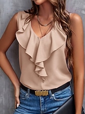cheap Tank Tops &amp; Camis-Women&#039;s Camisole Tank Top Solid Color Stylish Casual Sleeveless V Neck Regular Tops Daily Ruffle Pink Green Beige Summer Spring Fall