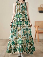 cheap Print Cotton &amp; Linen Dresses-Women&#039;s Maxi Dress Cotton Linen Dresses Casual Dress Boho Chic Dresses Tank Dress Bohemia Casual Boho Vacation Daily Beach Loose Fit Geometric Sleeveless Crew Neck Green Summer