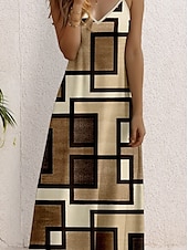 cheap Stripe&amp;Geometric Dress-Women&#039;s Maxi Dress Casual Dress Sundress A Line Dress Casual Flowy Vacation Casual Daily Regular Fit Geometric Sleeveless V Neck Brown Summer Spring Fall