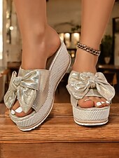 Недорогие Женские сандалии-босоножки на танкетке с золотистым металлическим бантом для женщин - гламурные босоножки на платформе для повседневных летних прогулок